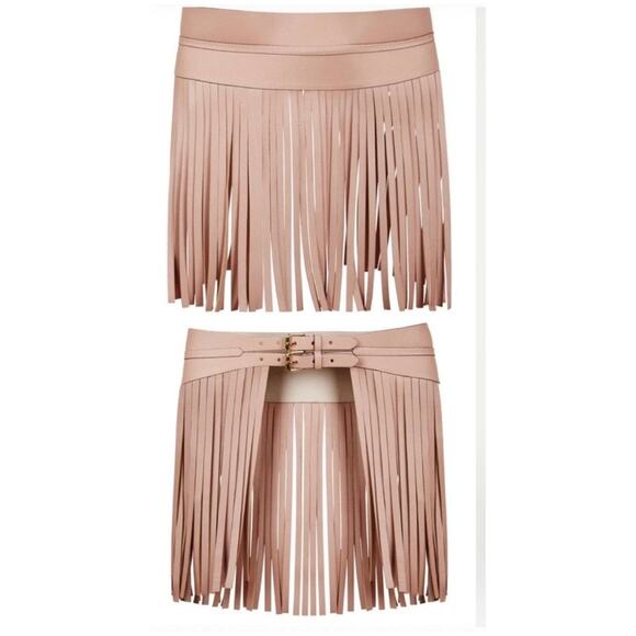 BCBG Max Azria Fringe Belt Small Faux Leather Fringe Belted Skirt Overlay Nude - Picture 2 of 10